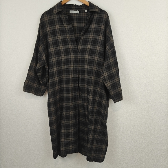 Vince Plaid Easy Pullover Cotton Dress in Military Size Small V-Neck 3/4 Sleeve - Picture 3 of 13